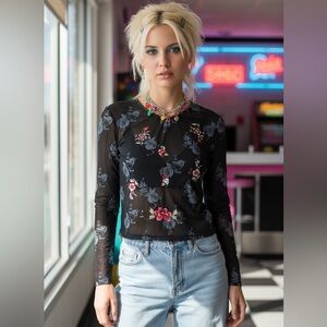 Kenneth Cole Y2K Sheer Mesh Floral Embroidered Top Asian Inspired Size Large